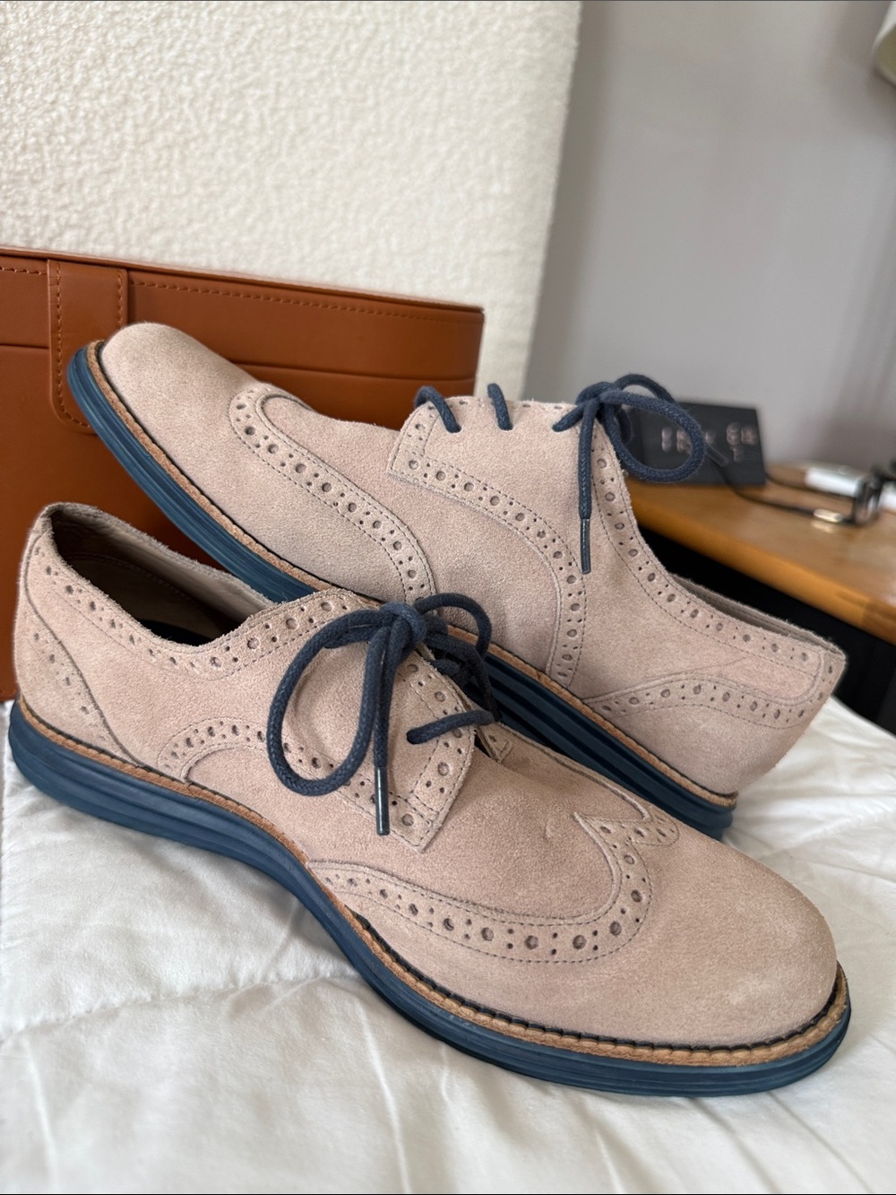 Cole Haan Tan Suede Wingtip Oxfords with Navy Laces - Picture 2 of 5